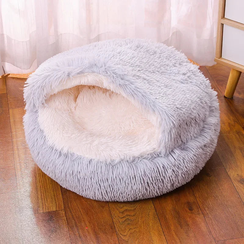 Soft Plush Round Cat Bed - 2-in-1 Pet Mattress & Sleeping Bag for Cats