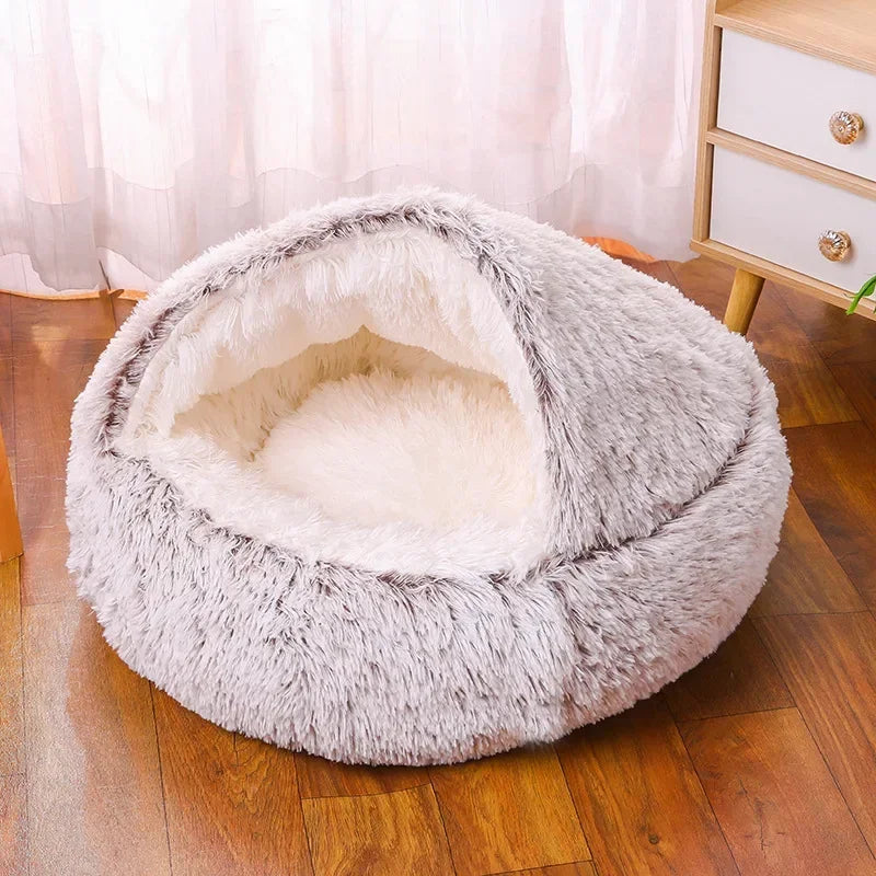 Soft Plush Round Cat Bed - 2-in-1 Pet Mattress & Sleeping Bag for Cats