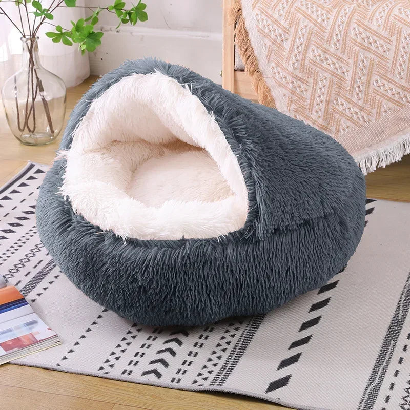 Soft Plush Round Cat Bed - 2-in-1 Pet Mattress & Sleeping Bag for Cats