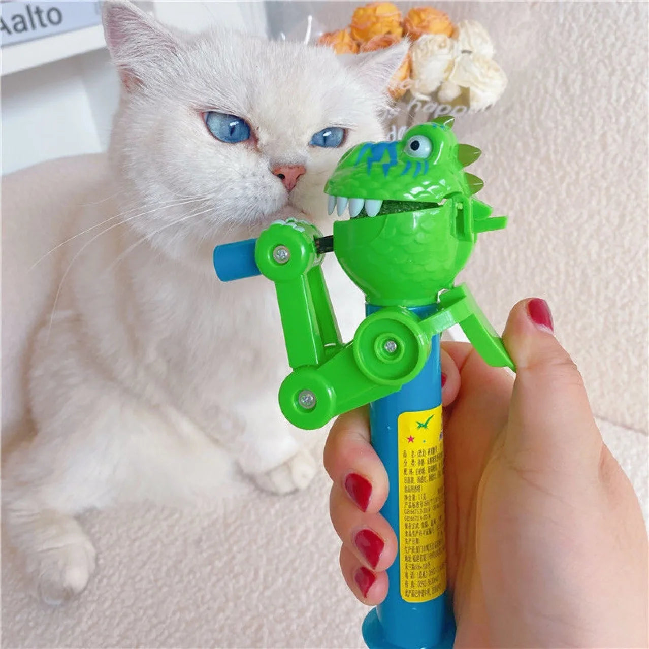 Dino Delight Duo: Cute Robot Lollipop Cat Teasers with Catnip Storage