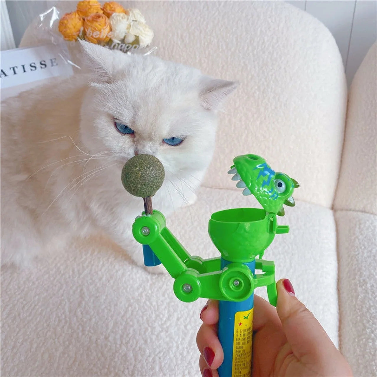 Dino Delight Duo: Cute Robot Lollipop Cat Teasers with Catnip Storage