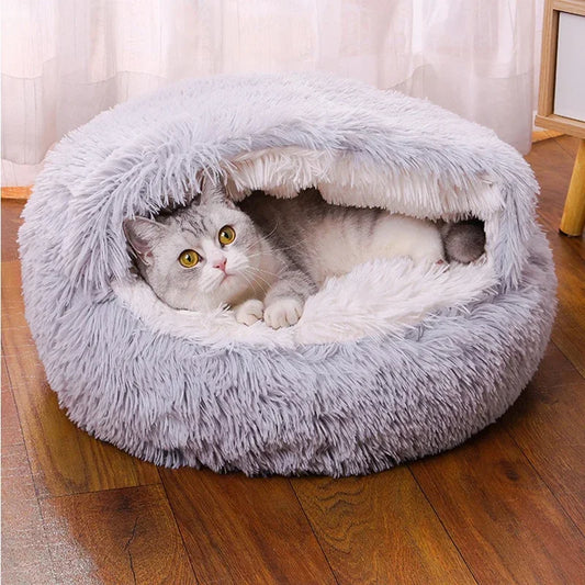 Soft Plush Round Cat Bed - 2-in-1 Pet Mattress & Sleeping Bag for Cats